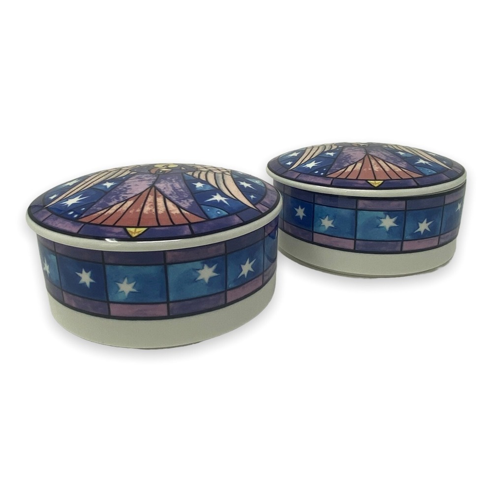 Mikasa Angel Round Holiday Christma Trinket Box Candy Dish with Lid Set of Two - Picture 4 of 7